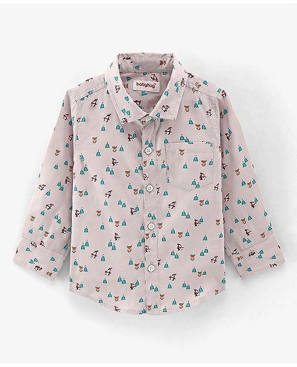 Babyhug Cotton Woven Full Sleeves Shirt with Bow Christmas Print - Blue and White