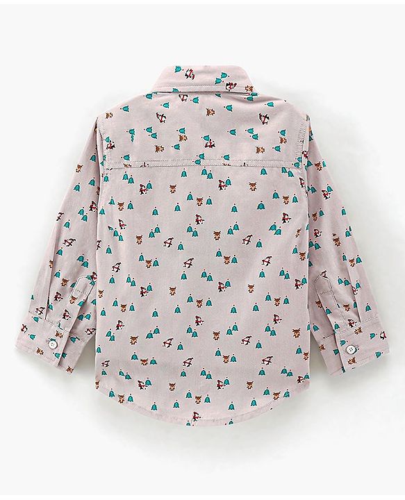 Babyhug Cotton Woven Full Sleeves Shirt with Bow Christmas Print - Blue and White