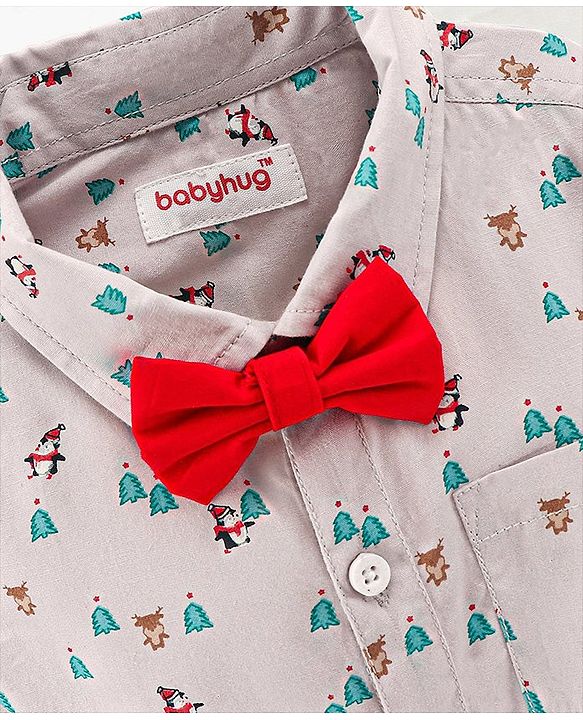 Babyhug Cotton Woven Full Sleeves Shirt with Bow Christmas Print - Blue and White