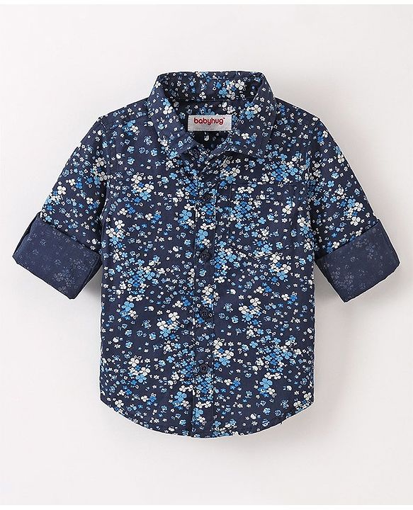 Babyhug Cotton Full Sleeves Party Wear Shirt with Bow Floral Print - Navy Blue