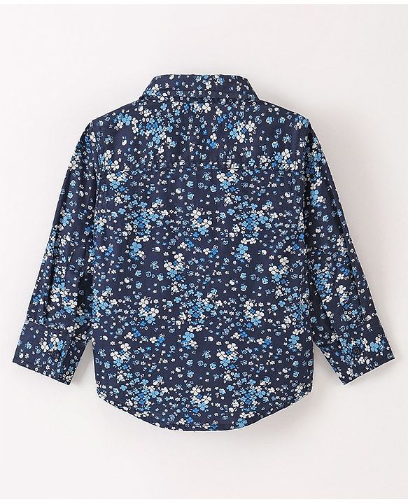 Babyhug Cotton Full Sleeves Party Wear Shirt with Bow Floral Print - Navy Blue