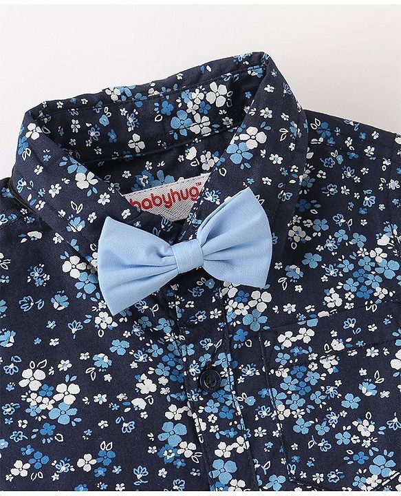 Babyhug Cotton Full Sleeves Party Wear Shirt with Bow Floral Print - Navy Blue