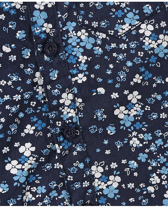 Babyhug Cotton Full Sleeves Party Wear Shirt with Bow Floral Print - Navy Blue