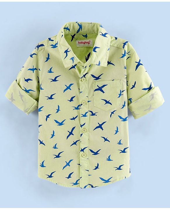 Babyhug Full Sleeves Cotton Shirt Bird Print- Green