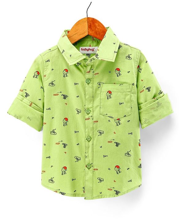 Babyhug 100% Cotton Woven Full Sleeves Shirt Basket Ball Print - Green