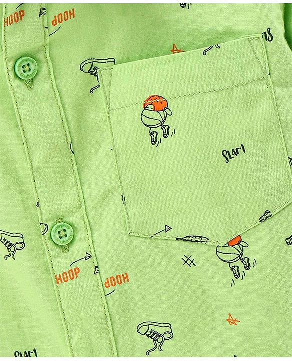 Babyhug 100% Cotton Woven Full Sleeves Shirt Basket Ball Print - Green
