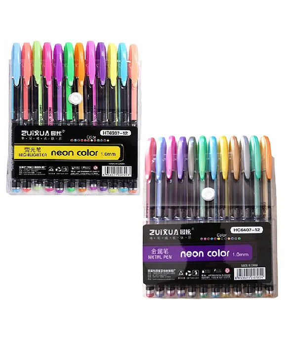 Qatalitic Set Of 24 Neon Gel Pens Consisting Fluorescent, Metallic