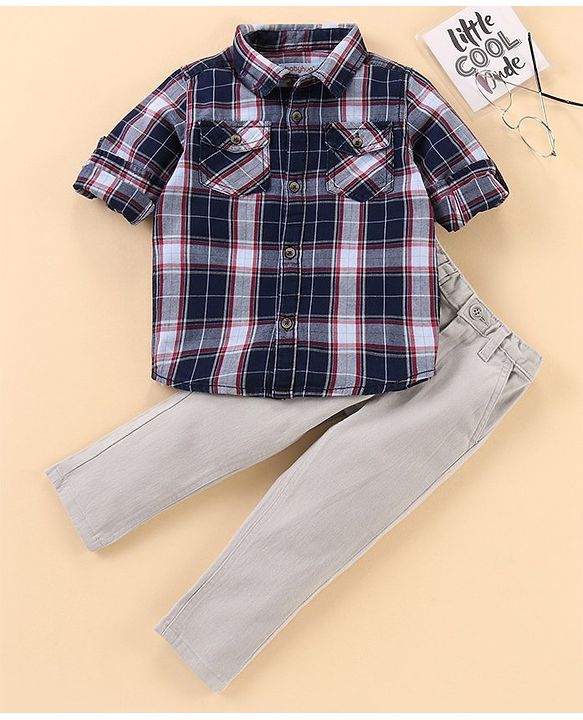 Babyhug Full Sleeves Shirt and Trousers Check Pattern - Grey