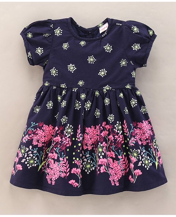Babyhug Half Sleeves 100% Cotton Short Sleeves Woven Frock Floral Print - Navy Blue