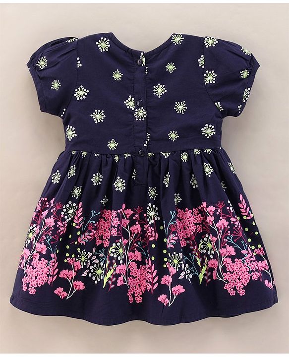 Babyhug Half Sleeves 100% Cotton Short Sleeves Woven Frock Floral Print - Navy Blue