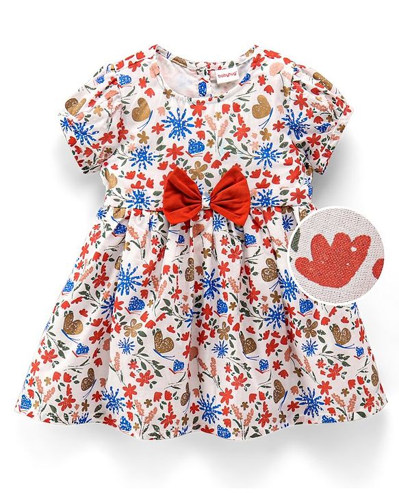 Babyhug 100% Cotton Puff Sleeves Woven Frock With Bow Applique Floral Print - White