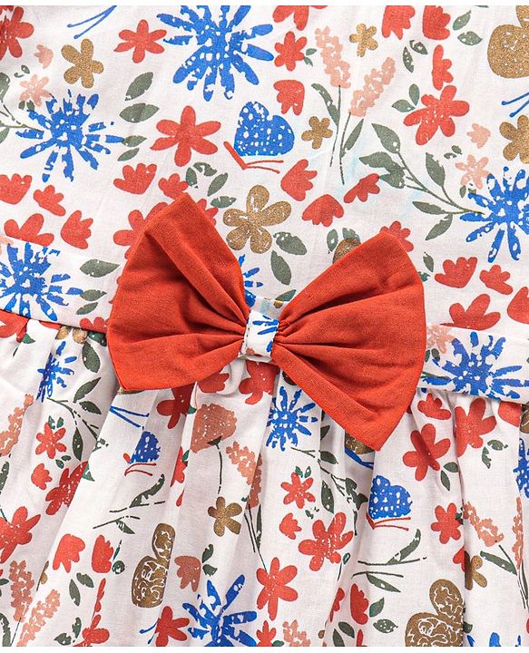 Babyhug 100% Cotton Puff Sleeves Woven Frock With Bow Applique Floral Print - White