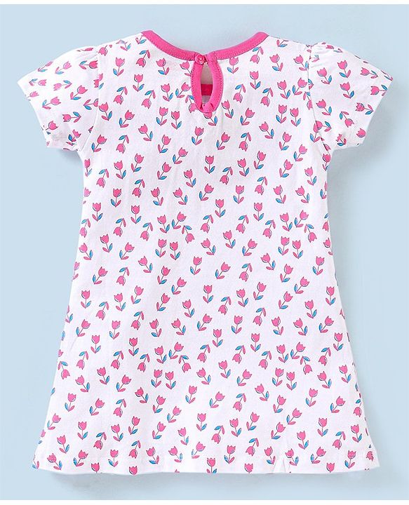 Babyhug 100%Cotton Short Sleeves Frock Floral Print - White Pink
