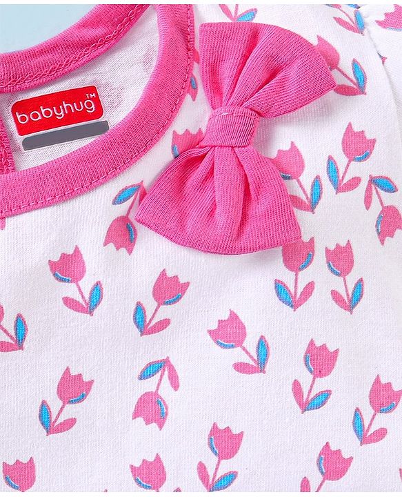 Babyhug 100%Cotton Short Sleeves Frock Floral Print - White Pink