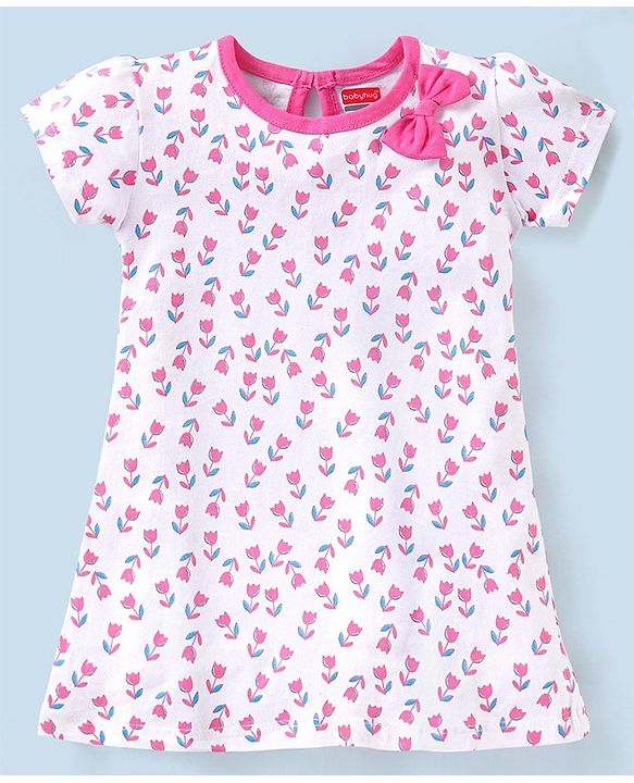 Babyhug 100%Cotton Short Sleeves Frock Floral Print - White Pink