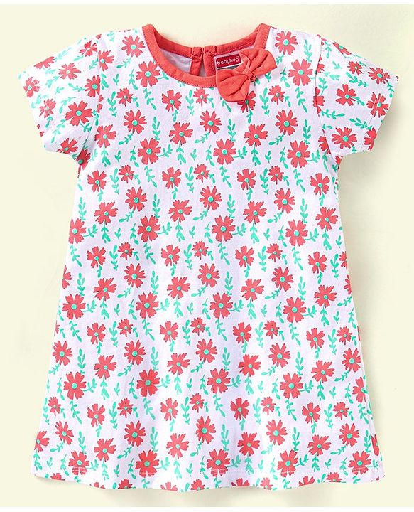 Babyhug 100%Cotton Short Sleeves Frock Bow Applique - White Orange