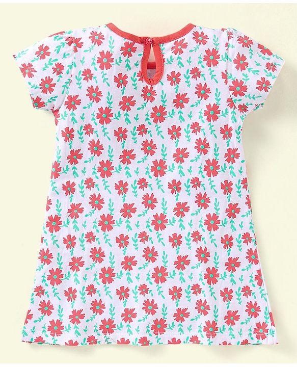 Babyhug 100%Cotton Short Sleeves Frock Bow Applique - White Orange