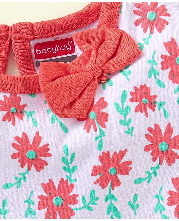 Babyhug 100%Cotton Short Sleeves Frock Bow Applique - White Orange