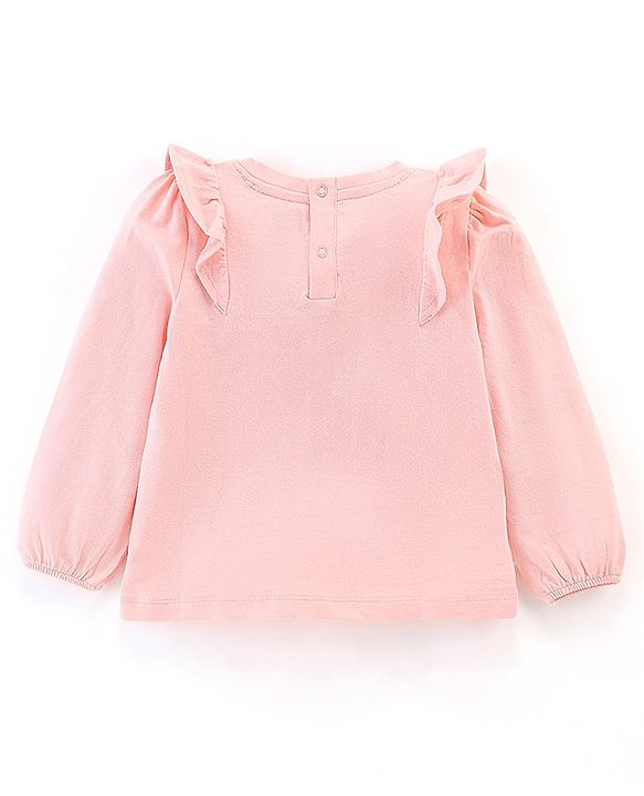 Babyhug 100% Cotton Full Sleeves T-Shirt Sequin Embroidery & Frill Detailing - Pink