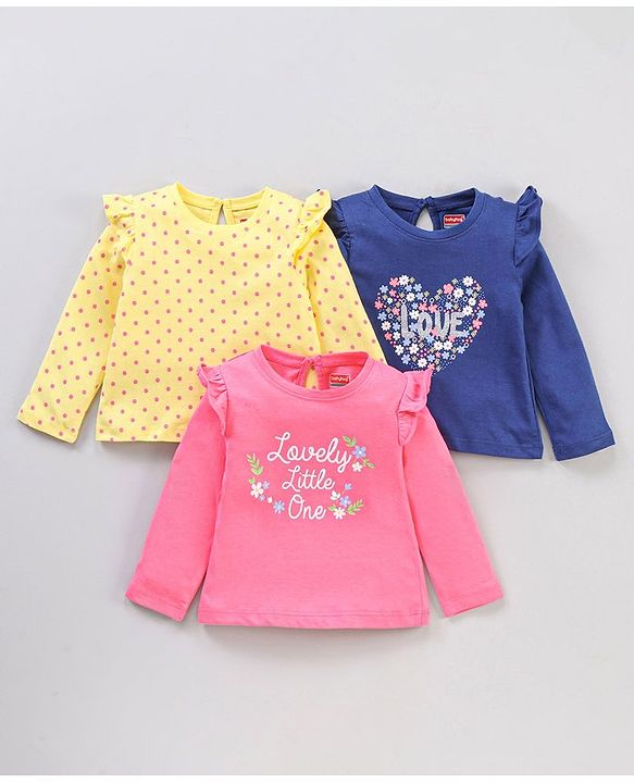 Babyhug 100% Cotton Full Sleeves Top with Graphics & Frill Detailing Pack Of 3 - Multicolor