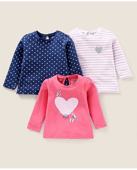 Babyhug Cotton Full Sleeves Tee Stripes Heart & Dot Print Pack of 3- Mullticolor