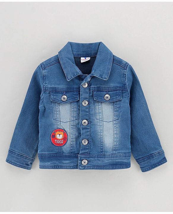 Babyhug Full Sleeves Washed Denim Jacket With Patch Work - Medium Blue