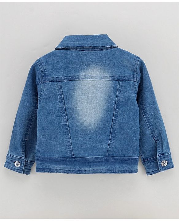 Babyhug Full Sleeves Washed Denim Jacket With Patch Work - Medium Blue