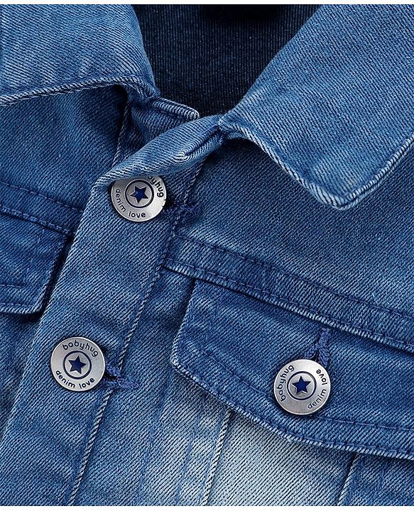 Babyhug Full Sleeves Washed Denim Jacket With Patch Work - Medium Blue