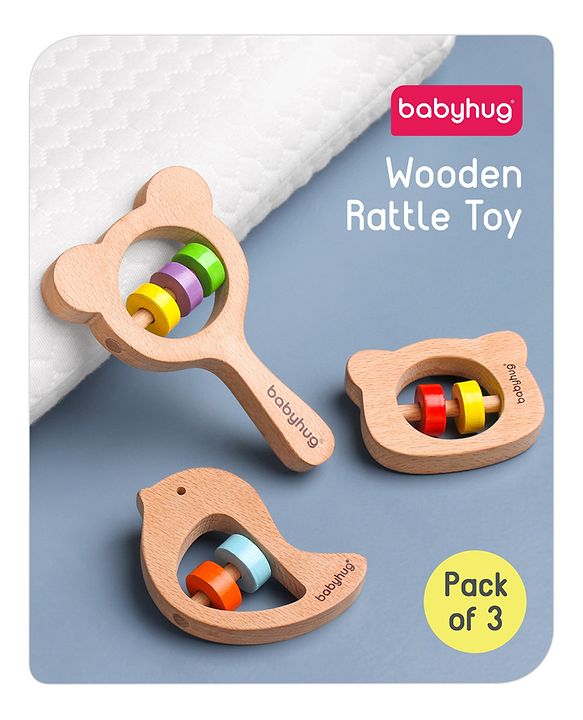 Babyhug Wooden Teething Rattle Toy - Pack of 3 | Safe Wooden Teethers & Rattles For Babies | Eco-Friendly & Helps Soothe Teething Pain While Improving Grip Skills | Multicolor | BIS Certified