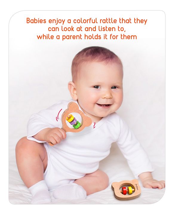 Babyhug Wooden Teething Rattle Toy - Pack of 3 | Safe Wooden Teethers & Rattles For Babies | Eco-Friendly & Helps Soothe Teething Pain While Improving Grip Skills | Multicolor | BIS Certified