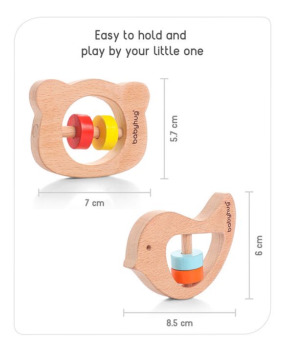 Babyhug Wooden Teething Rattle Toy - Pack of 3 | Safe Wooden Teethers & Rattles For Babies | Eco-Friendly & Helps Soothe Teething Pain While Improving Grip Skills | Multicolor | BIS Certified