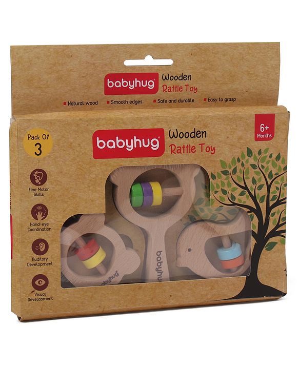 Babyhug Wooden Teething Rattle Toy - Pack of 3 | Safe Wooden Teethers & Rattles For Babies | Eco-Friendly & Helps Soothe Teething Pain While Improving Grip Skills | Multicolor | BIS Certified