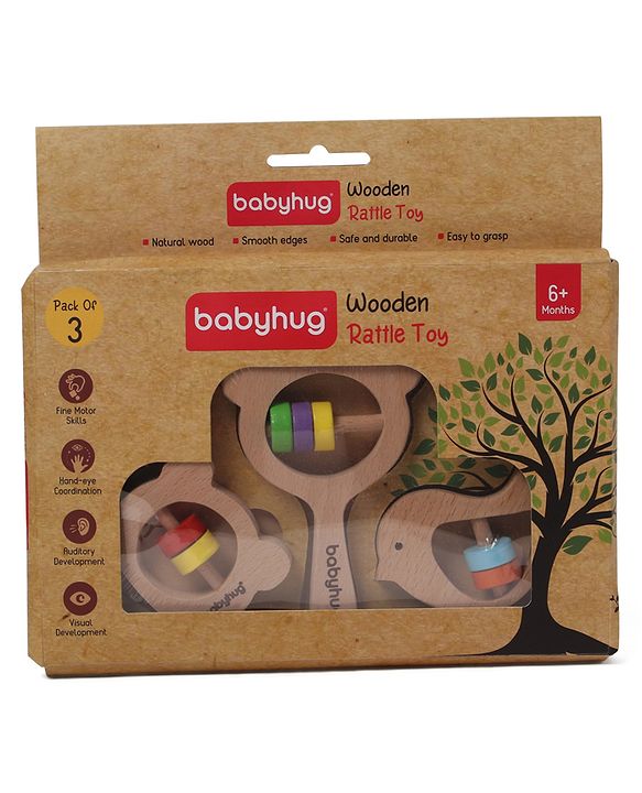 Babyhug Wooden Teething Rattle Toy - Pack of 3 | Safe Wooden Teethers & Rattles For Babies | Eco-Friendly & Helps Soothe Teething Pain While Improving Grip Skills | Multicolor | BIS Certified