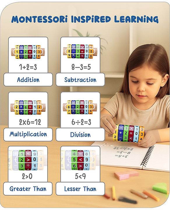 Babyhug Montessori Wooden Maths Calculator - Multicolor | Educational Learning Toy with Beads & Counting Frame | Helps Kids Learn Numbers, Addition, Subtraction & Problem Solving | BIS Certified