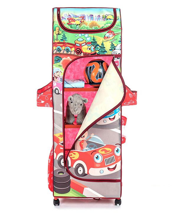 Babyhug Foldable 5 Shelf Almirah With Wheels Baby Car Theme - Red