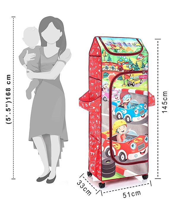 Babyhug Foldable 5 Shelf Almirah With Wheels Baby Car Theme - Red