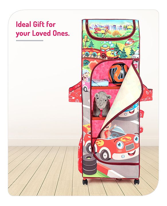 Babyhug Foldable 5 Shelf Almirah With Wheels Baby Car Theme - Red