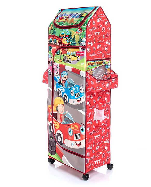Babyhug Foldable 5 Shelf Almirah With Wheels Baby Car Theme - Red