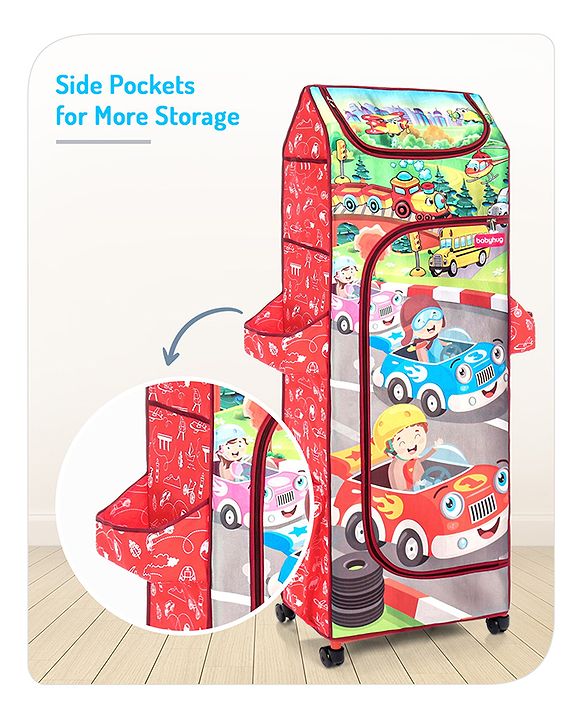Babyhug Foldable 5 Shelf Almirah With Wheels Baby Car Theme - Red
