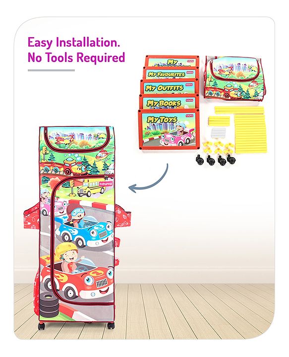 Babyhug Foldable 5 Shelf Almirah With Wheels Baby Car Theme - Red