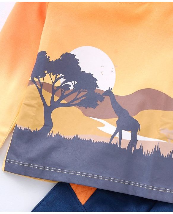 Babyhug Cotton Knit Full Sleeves Sweatshirt & Lounge Pant Set Scenery Print - Orange Blue