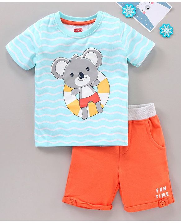Babyhug Cotton Knit to Knit Half Sleeves Koala Bear Printed Tee & Shorts Set - Light Blue