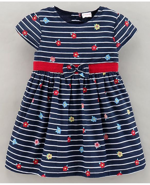 Babyhug 100% Cotton Short Sleeves Striped Frock Floral Print - Navy Blue