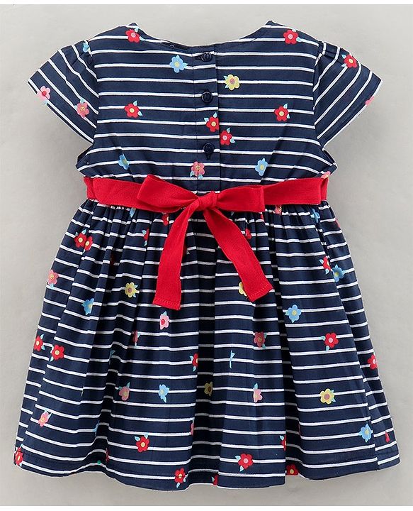 Babyhug 100% Cotton Short Sleeves Striped Frock Floral Print - Navy Blue