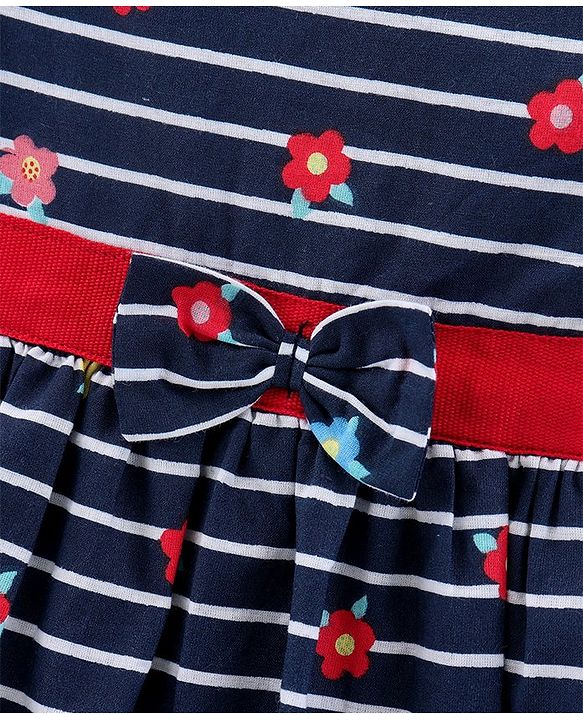 Babyhug 100% Cotton Short Sleeves Striped Frock Floral Print - Navy Blue
