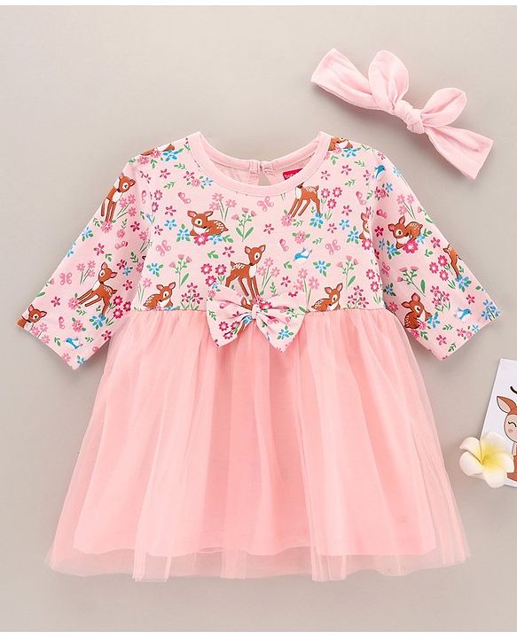 Babyhug 100% Cotton Three Fourth Mesh Frock with Bow and Headband Deer Print - Pink