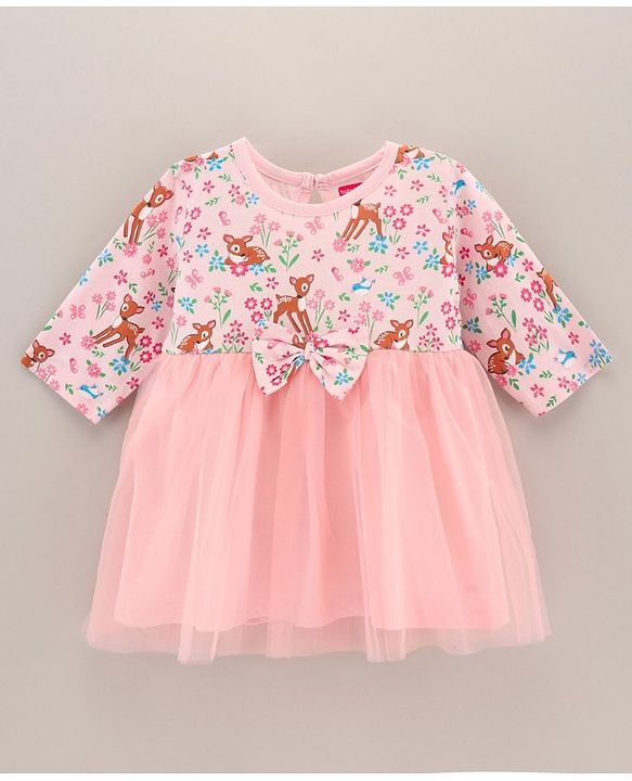 Babyhug 100% Cotton Three Fourth Mesh Frock with Bow and Headband Deer Print - Pink