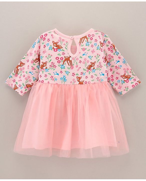 Babyhug 100% Cotton Three Fourth Mesh Frock with Bow and Headband Deer Print - Pink