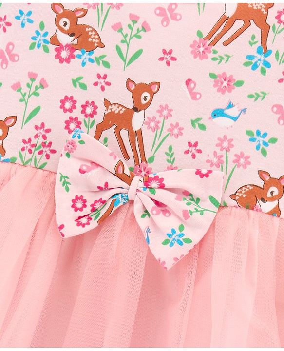 Babyhug 100% Cotton Three Fourth Mesh Frock with Bow and Headband Deer Print - Pink