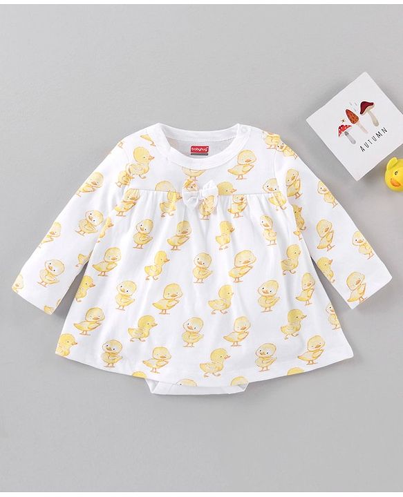 Babyhug 100% Cotton Full Sleeves Onesie Ducklings Print - White